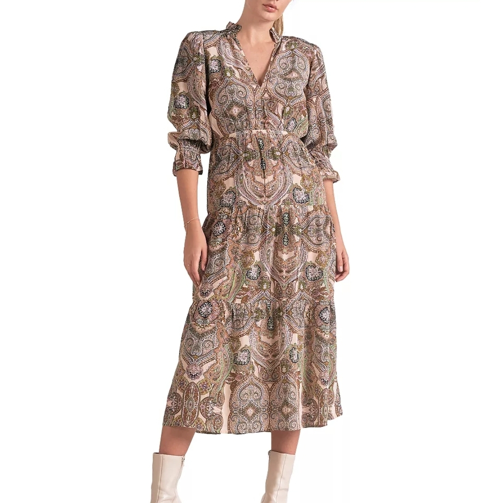 Elan Medium Paisley Print Chiffon Midi Dress Boho Chic Coastal Cowgirl Cottage